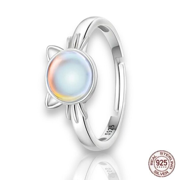 NWT S925 Sterling Silver Round Moonstone Cat Ring Adjustable Sz.6-8 - Picture 3 of 8